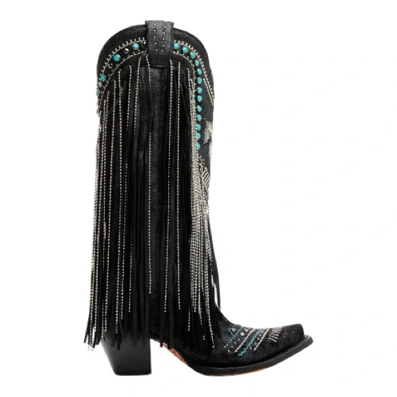CORRAL EMBROIDERED AND CRYSTAL Black and Turquoise Eagle FRINGE WESTERN BOOTS - Picture 2 of 15